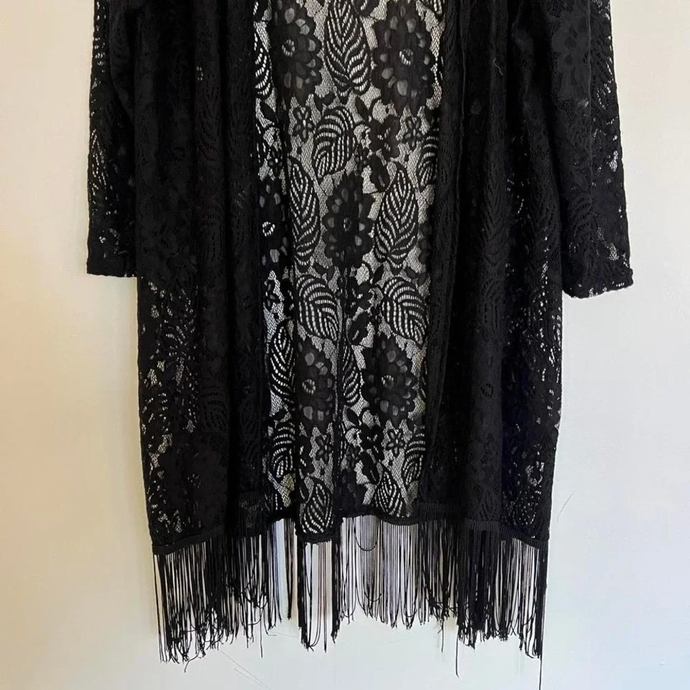 Y2K Whimsigoth Black Lace Long Sleeve Cardigan with Fringe Hem 3X Plus Size - Picture 3 of 8